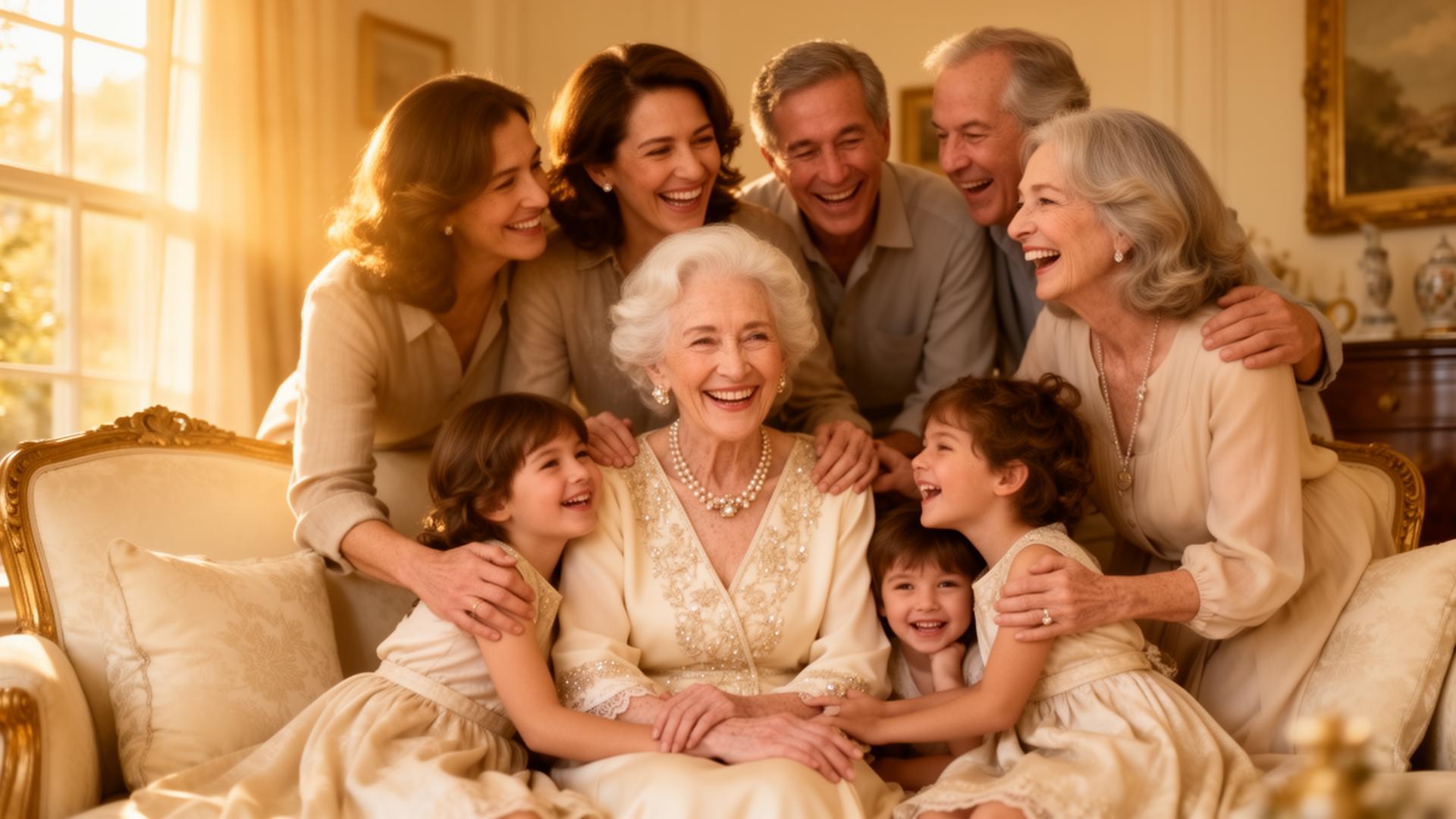 A grandmother surrounded by her family, smiling and held by loved ones