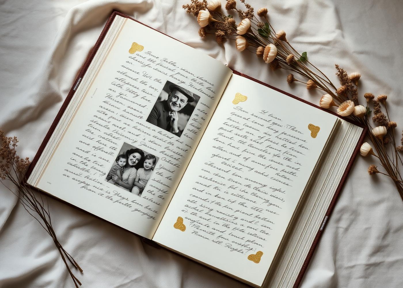 An open keepsake book with handwritten letters, photographs and dried botanicals